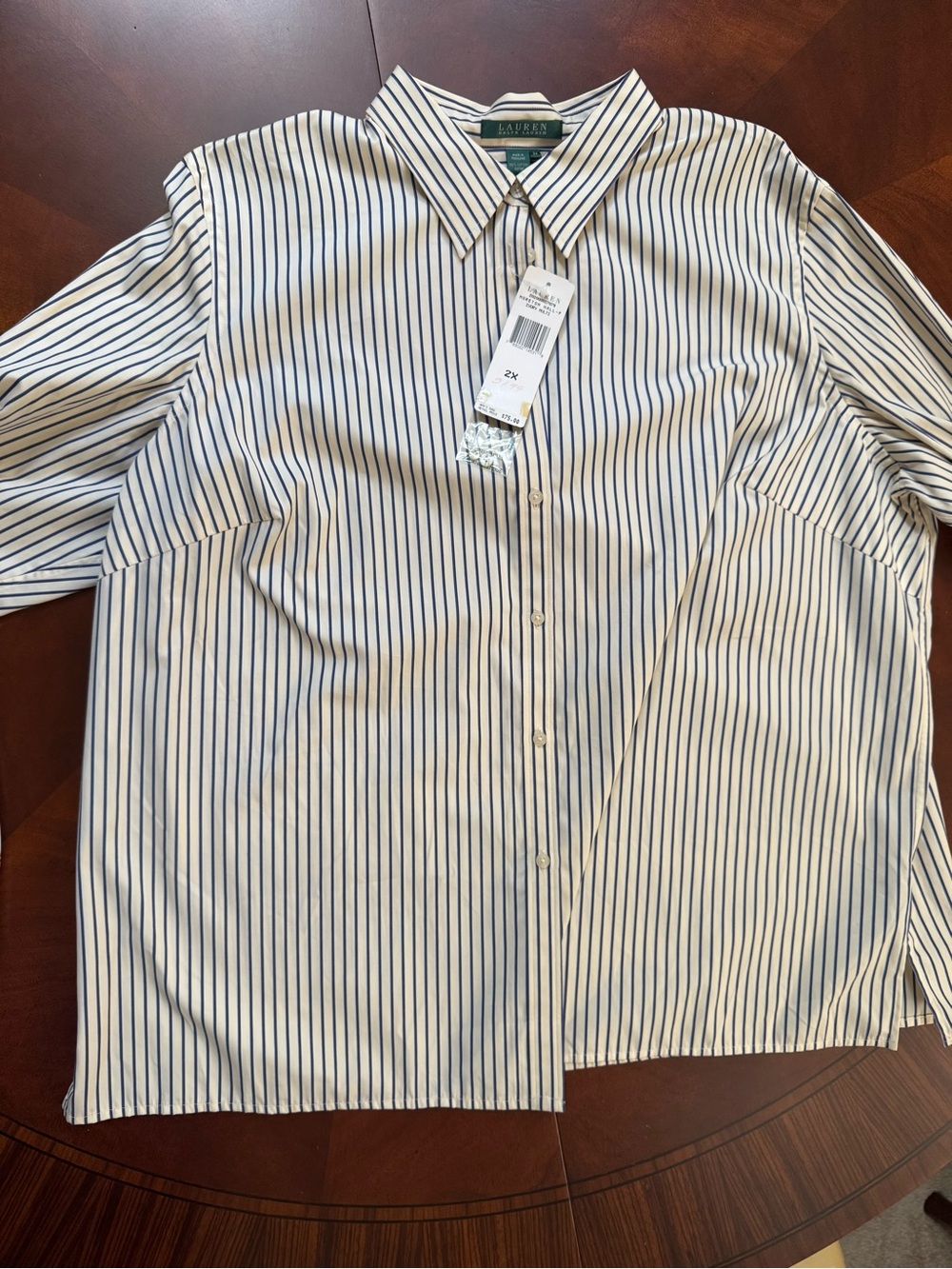 Lauren Ralph Lauren White Button-Down Blouse with Navy Stripes